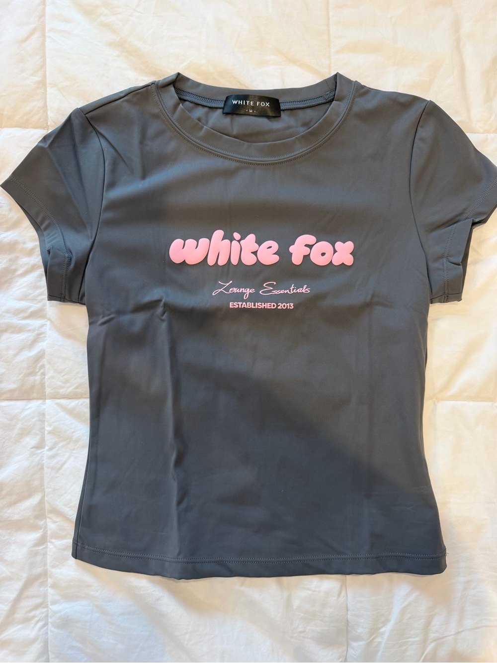 White Fox Gray Baby Tee with Pink Logo
